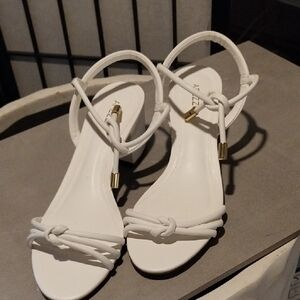 Women's White Knot Front Ankle-Strap Heeled Sandals